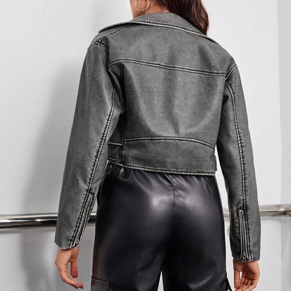 Grey Casual Womens Zip Up Belted Moto Jacket - Picture 2 of 6